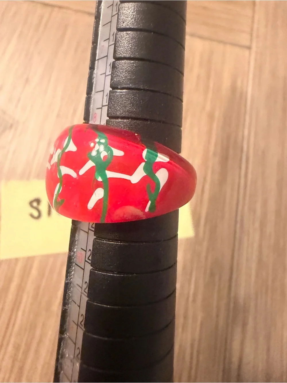 Red Glass-Like Dome Ring with Handmade Green and White Accents Size 9